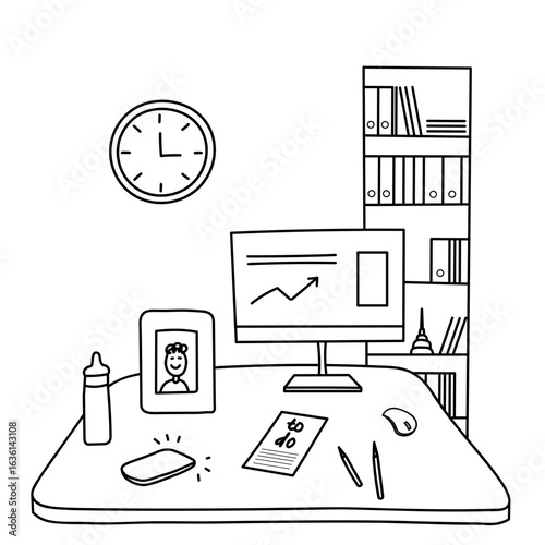 Concept Working Mom at home on remote work. Doodle Freelancer with a child. Vector isolated illustration with desk, ringing phone, clock, computer, pen, child portrait, bottle milk, books and folders