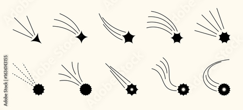 Retro cartoon style comets and falling stars with spark trails and confetti effect. Ideal for party invites, space backgrounds or decorative Christmas vector designs.