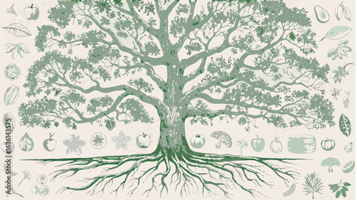 Illustration of a large tree with extensive roots surrounded by various leaves and fruit drawings silhouette