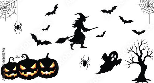 Halloween silhouettes, jack-o'-lantern faces, flying witch, spooky bats, hanging spiders, ghost figure, leafless tree, eerie scene, black vector illustration