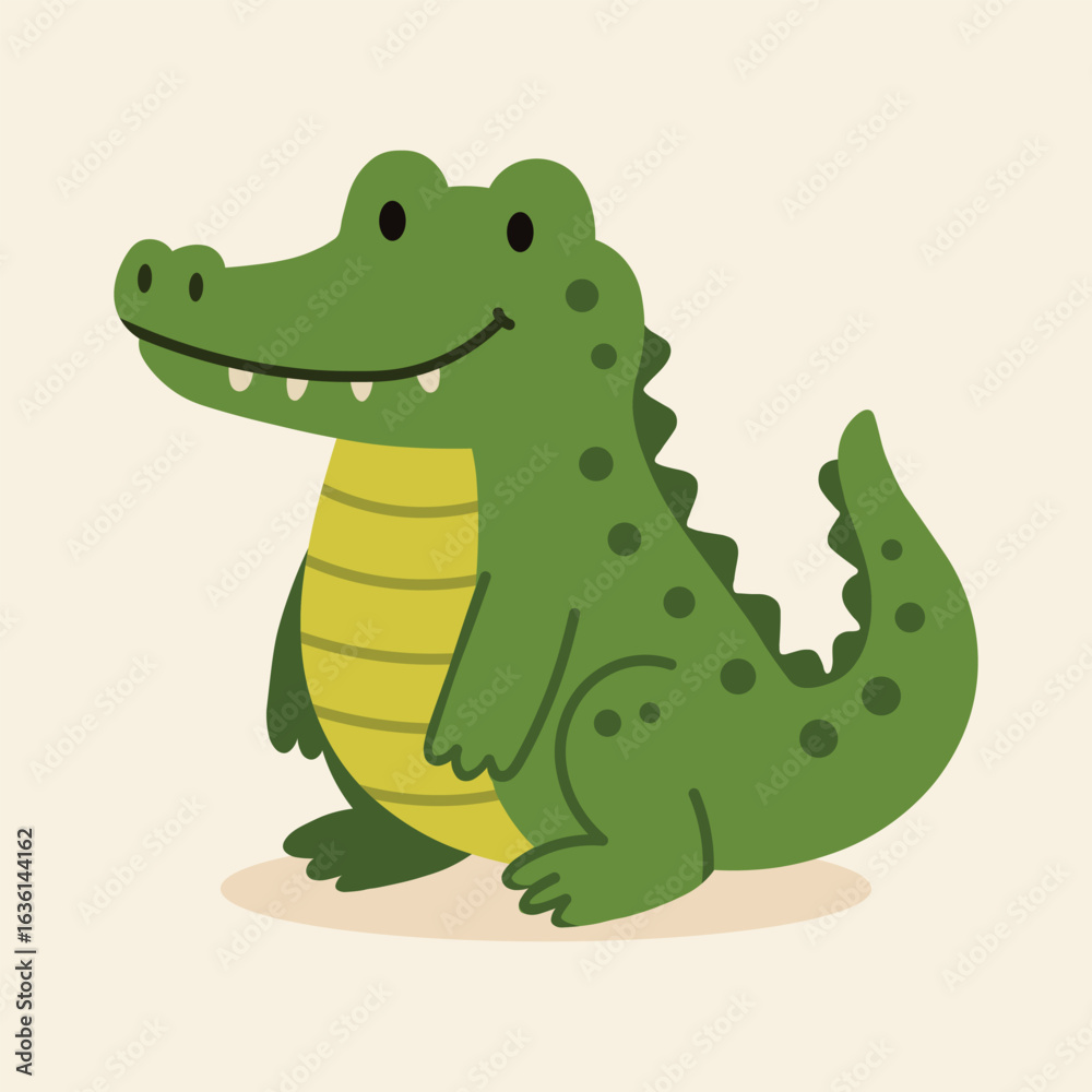 Naklejka premium Cute cartoon crocodile illustration in bright green, perfect for product packaging, labels, web design, banners, and art prints with a playful, child-friendly style.