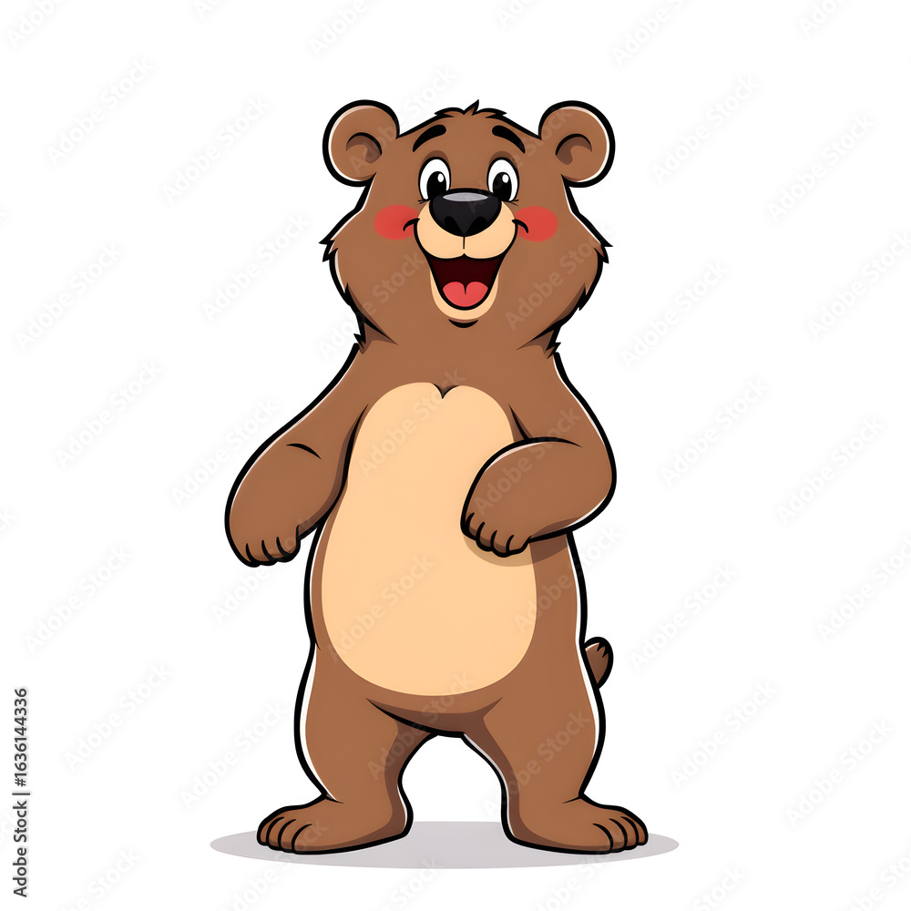 Obraz premium A cartoon bear is standing on a white background with a big smile on its face
