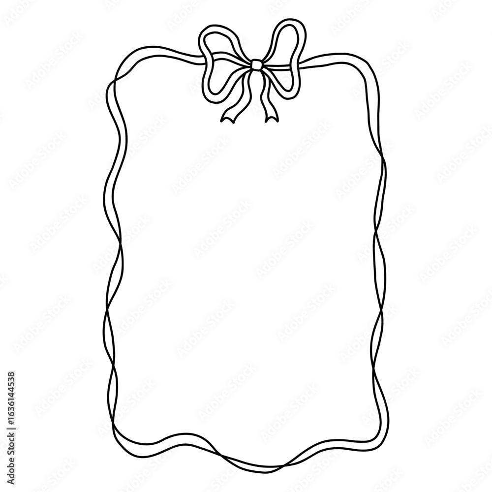 Obraz premium Whimsical coquette black rectangular bow ribbon frame on white background. Elegant and playful design for invitations, scrapbooking, branding, packaging, and feminine digital projects. Vector art