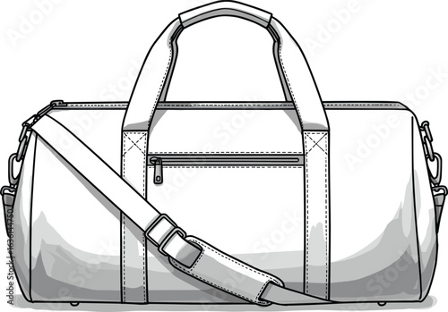 Stylish duffel bag with shoulder strap, CAD drawing, flat vector illustration, travel accessory, gym bag, fashion design, luggage concept