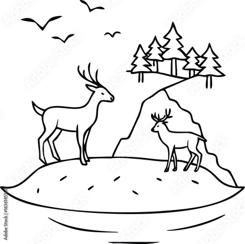 Santa Claus riding a sled with reindeer and a dog in a winter forest holiday scene