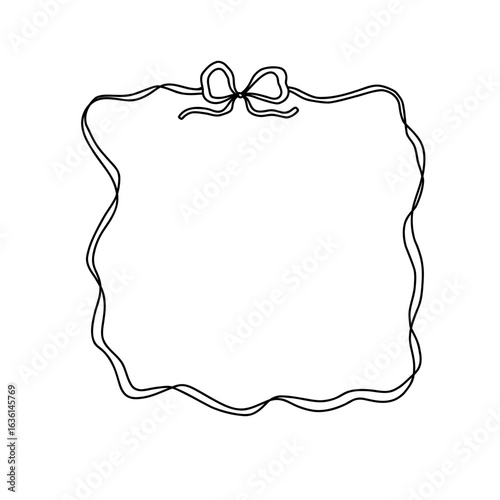 Hand-drawn whimsical square frame with double ribbon line and cute bow. Coquette and girly style, perfect for invitations, packaging, journaling, branding, or aesthetic content. Vector illustration