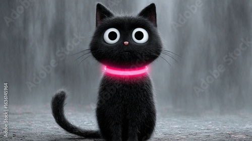 Halloween black cat with neon collar, retro cartoon, spooky cuteness, misty white backdrop