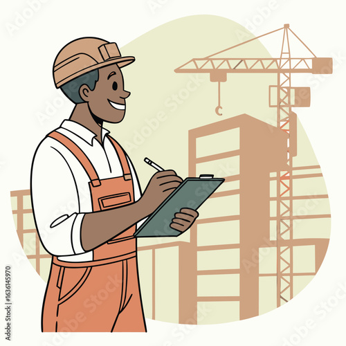 Illustrated Construction Foreman Taking Notes Near a Crane and Building Sketch