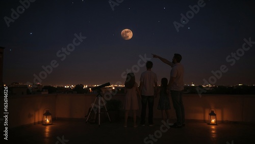 Family Gazing at the Moon and Stars with Telescope on Rooftop at Night