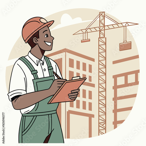 Illustrated Construction Foreman Taking Notes Near a Crane and Building Sketch
