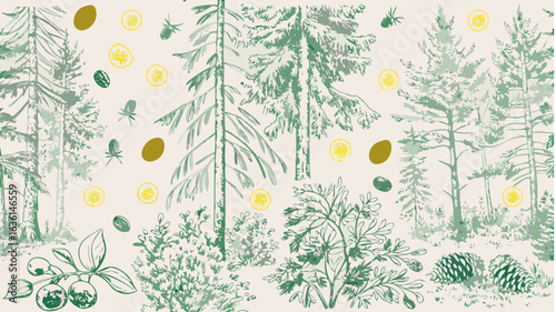 Illustration of a forest scene with tall trees, shrubs, berries, and abstract oval shapes scattered about silhouette