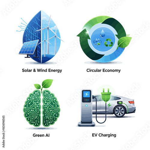 Four infographic icons representing sustainable energy solutions, including solar and wind power, circular economy, green AI, and electric vehicle charging.