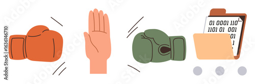 Boxing gloves clashing with a hand stopping motion, symbolizing conflict and resolution, folder transferring binary data. Ideal for communication, teamwork, data processing, decision-making