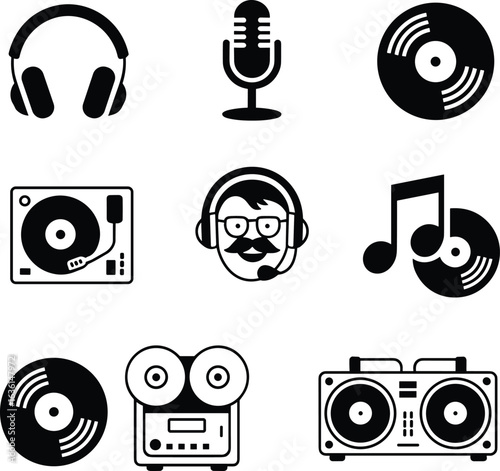 Black and white music icon set with headphones, microphone, vinyl, DJ, boombox, record player, cassette, and audio symbols