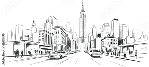 Black and white pencil sketch of a busy city street with skyscrapers, cars, pedestrians, and urban architecture illustration