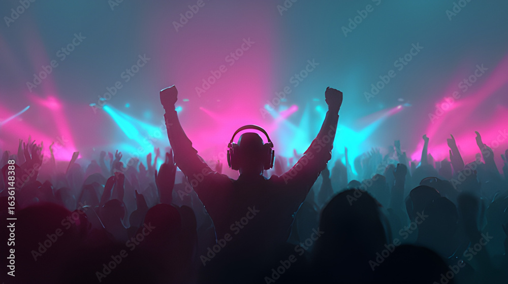 Obraz premium Crowd of people cheering and dancing at a colorful spotlight neon concert. Blur crowd watching live show concert in nightclub. Dj rave crowd, dj battle party winter urban music