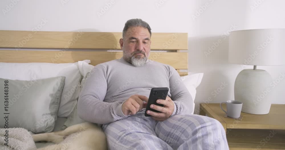 White mature man sitting on bed glancing coffee mug, tapping smartphone, waving phone, petting dog White mature man sitting on bed glancing coffee mug, tapping smartphone, waving phone, petting dog