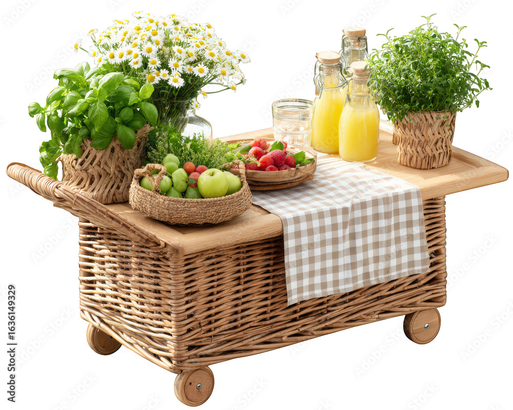 custom made wallpaper toronto digitalWicker picnic cart with fresh fruit, juice, herbs, and flowers on wooden top, checkered cloth, outdoor summer setting, cheerful and inviting atmosphere