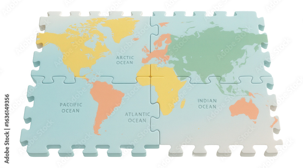 Obraz premium Interlocking puzzle mats with a map design, great for a child's educational playroom to encourage learning through play.