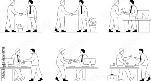 Flat vector illustration of two office colleagues shaking hands, giving files, collaborating, meeting, working at desk in business environment