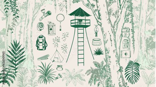 Illustration of camping equipment and a lookout tower amidst a forest backdrop in green and white hues silhouette