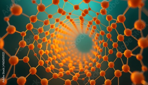 A close-up, artistic rendering of a molecular structure, showing interconnected spheres forming a tubular shape.