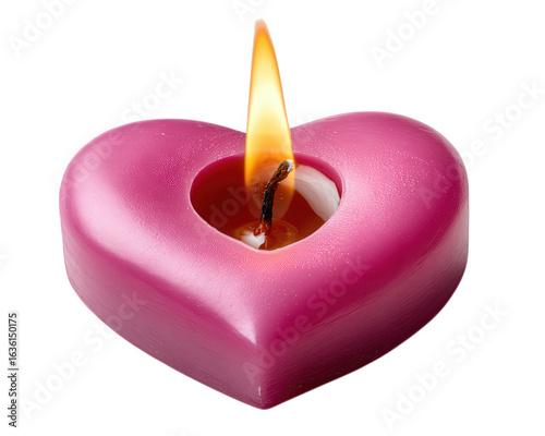 Pink heart shaped candle with lit flame romantic mood wax object isolated on transparency background symbol of love celebration soft light decorative cozy atmosphere