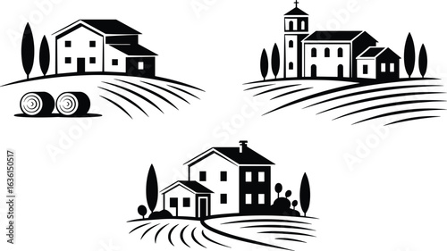 Minimalist black and white farm landscape illustrations, countryside houses and church, rural field scene vector for agricultural and rustic design