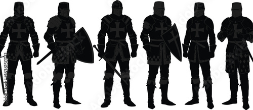 Medieval knight silhouettes, crusader armor, swords and shields, historical warrior vector, battle-ready pose, cross chest plate, black illustrationMedieval knight silhouettes