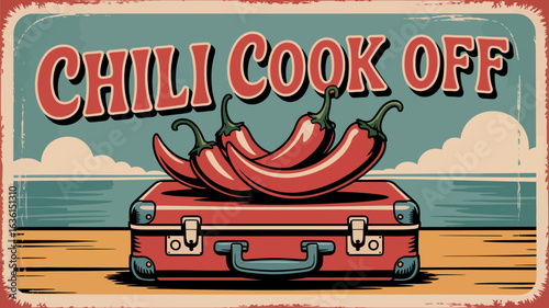 Postcard-style chili cook-off banner with classic luggage and typewriter font
