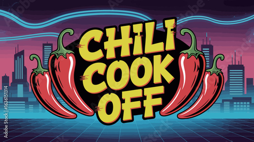 Cyberpunk chili cook-off banner with neon peppers and glitchy digital font