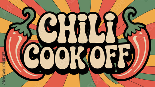 Tie-dye chili cook-off banner with vibrant colors and retro hippie typography