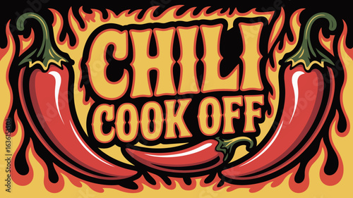 Fiery chili cook-off banner with blazing peppers and molten lava textures