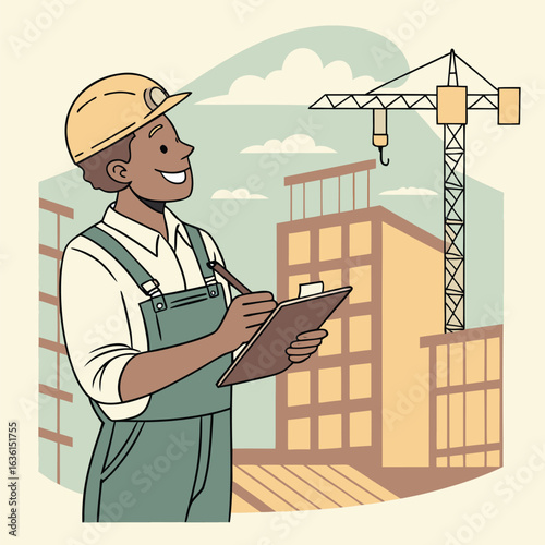 Illustrated Construction Foreman Taking Notes Near a Crane and Building Sketch