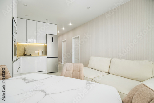 Modern kitchen and living area in an apartment designed for comfort and style in a contemporary setting