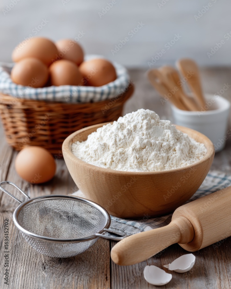 Baking essentials arranged on a wooden table with flour, eggs, and utensils for preparation in a cozy kitchen Baking essentials arranged on a wooden table with flour, eggs, and utensils for preparation in a cozy kitchen