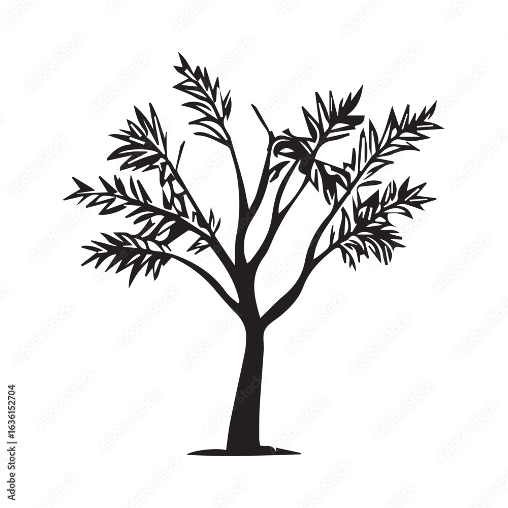 Obraz premium Silhouette of a stylized deciduous tree with spreading branches and abundant foliage against a white background