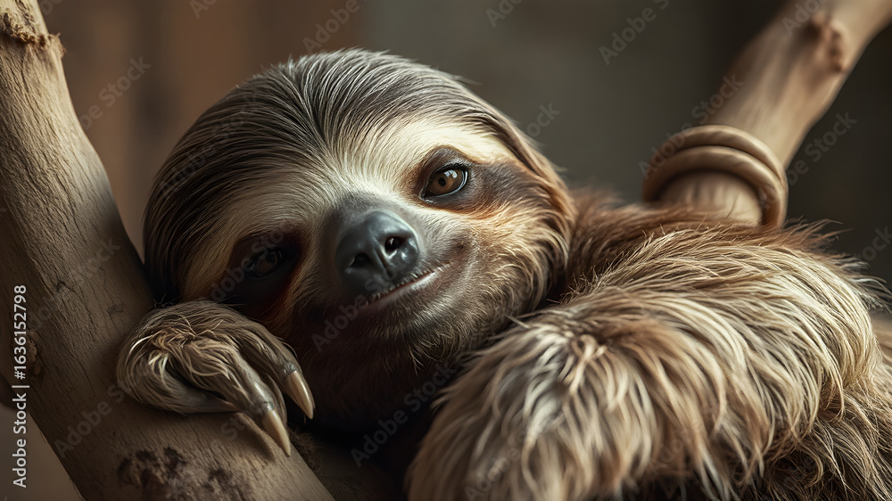 Naklejka premium Close-Up Portrait of a Smiling Two-Toed Sloth Resting on Tree Branch