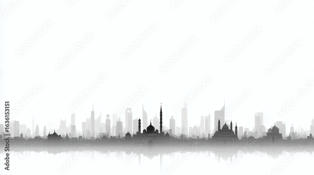 Obraz premium Urban skyline suggested by a single uninterrupted line, simple peaks and domes, modern editorial feel.