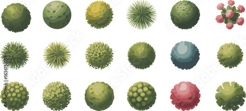Top view stylized tree icons, colorful foliage vector, landscaping elements set, nature design, urban planning graphic