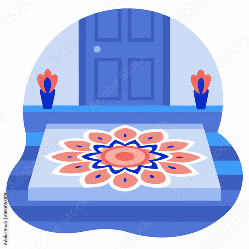 Colorful rangoli design on doorstep with blue background and plants  