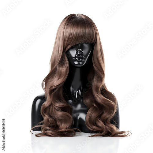 Natural Wig on Mannequin. Stylish Female Wig Close-Up. Display of Colorful Wigs
