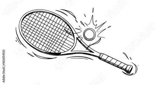 This vibrant black and white vector illustration perfectly captures the moment a tennis racket makes forceful contact with a fast-moving tennis ball.