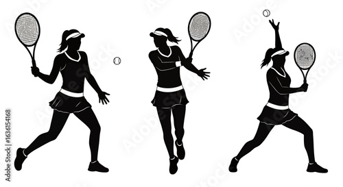 Vector illustration showing a female tennis player in various action poses, including serving, forehand, and backhand, isolated on a clean white background.