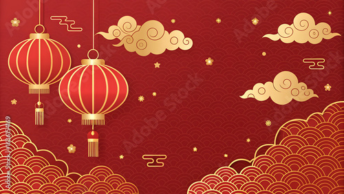 Elegant red and gold chinese new year background with lanterns and cloud patterns