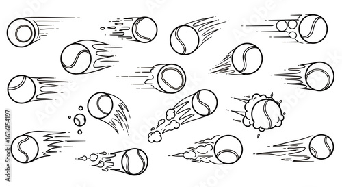 High-quality vector PNG illustrations of tennis balls in motion, perfect for sports-themed designs, websites, or print projects.  These dynamic images are versatile and easily adaptable to various