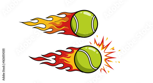 A vibrant cartoon tennis ball illustration, depicted with fiery trails, symbolizing speed, power, and dynamic energy in sports.