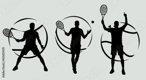 Dynamic silhouettes of tennis players in action, showcasing serves, volleys, and rallies with graphic circular elements, perfect for sports themes.