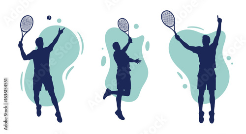 A dynamic vector illustration showcases tennis players in various action poses, set against abstract shapes, ideal for sports-themed designs and promotional materials, presented as a PNG file.
