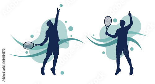 Dynamic vector silhouettes of male tennis players in action, showcasing athletic serves and triumphant celebrations against a clean, abstract background.